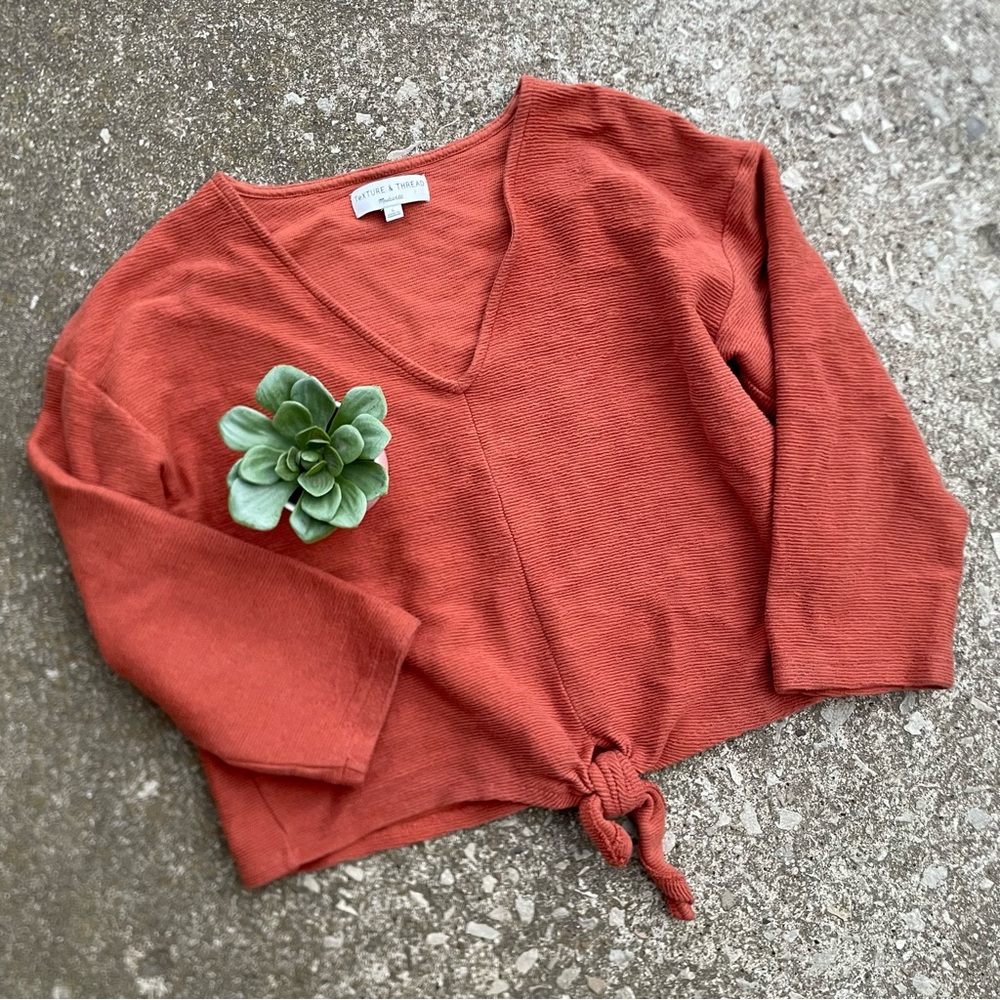 Madewell | Texture & Thread Burnt Orange Rust Cropped Tie Front Sweater V-neck